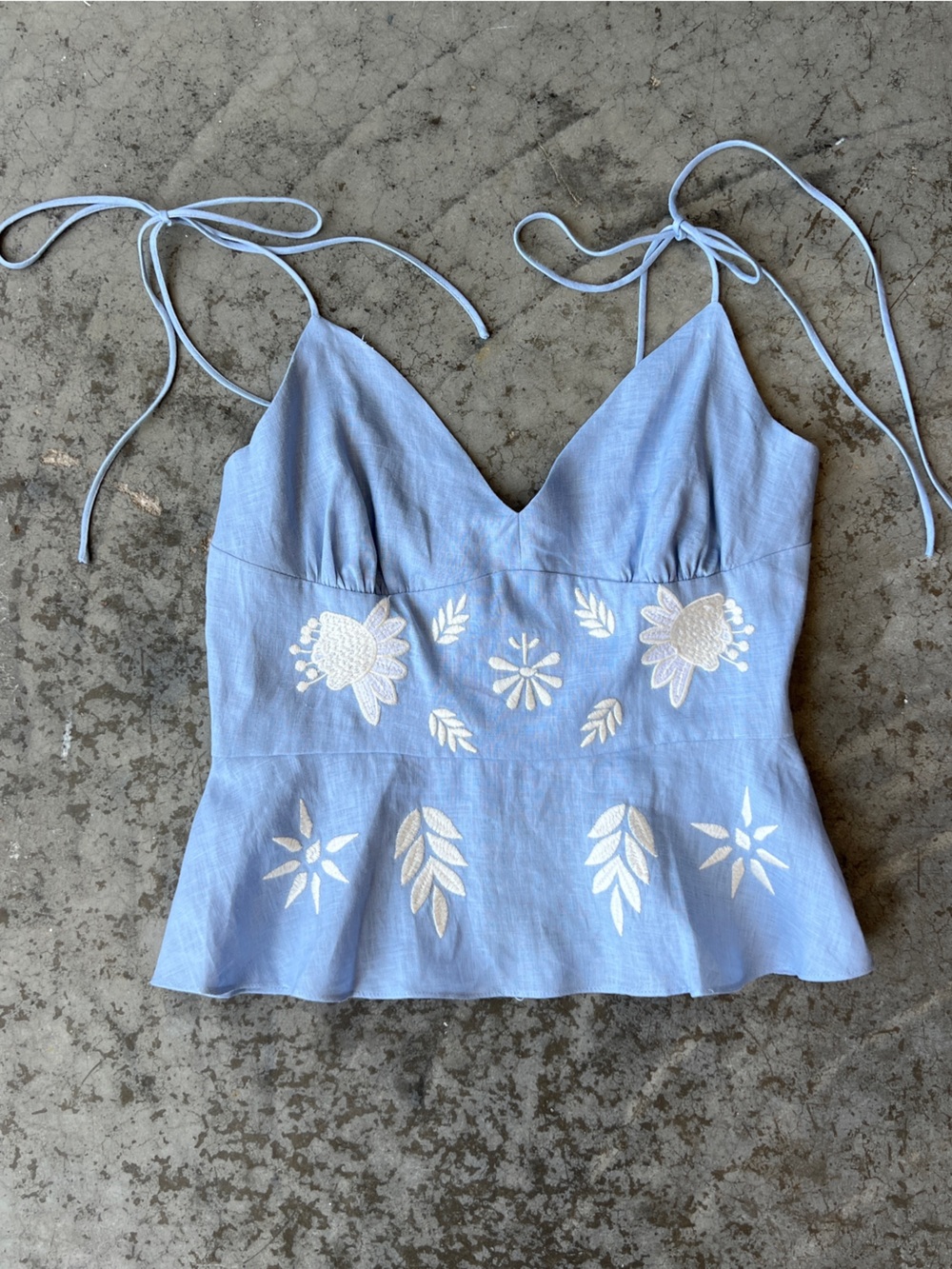 Cynthia Rowley Embroidered Hemp Cami Top Blue Floral Peplum Cottagecore 4 NWT